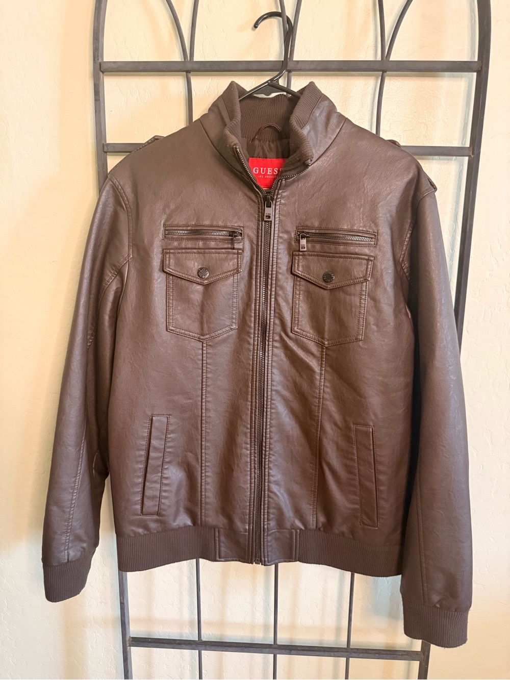 GUESS Los Angeles Men’s M Brown Faux Leather Bomber Jacket Quilted Lined